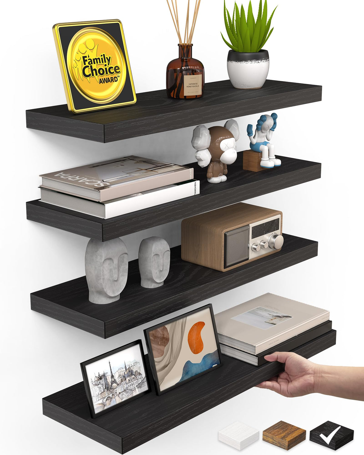 BAYKA front view of four black floating shelves showing sleek modern benefit