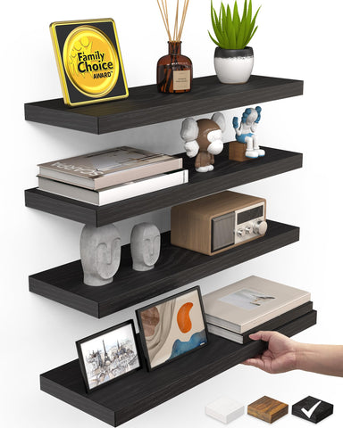 BAYKA front view of four black floating shelves showing sleek modern benefit