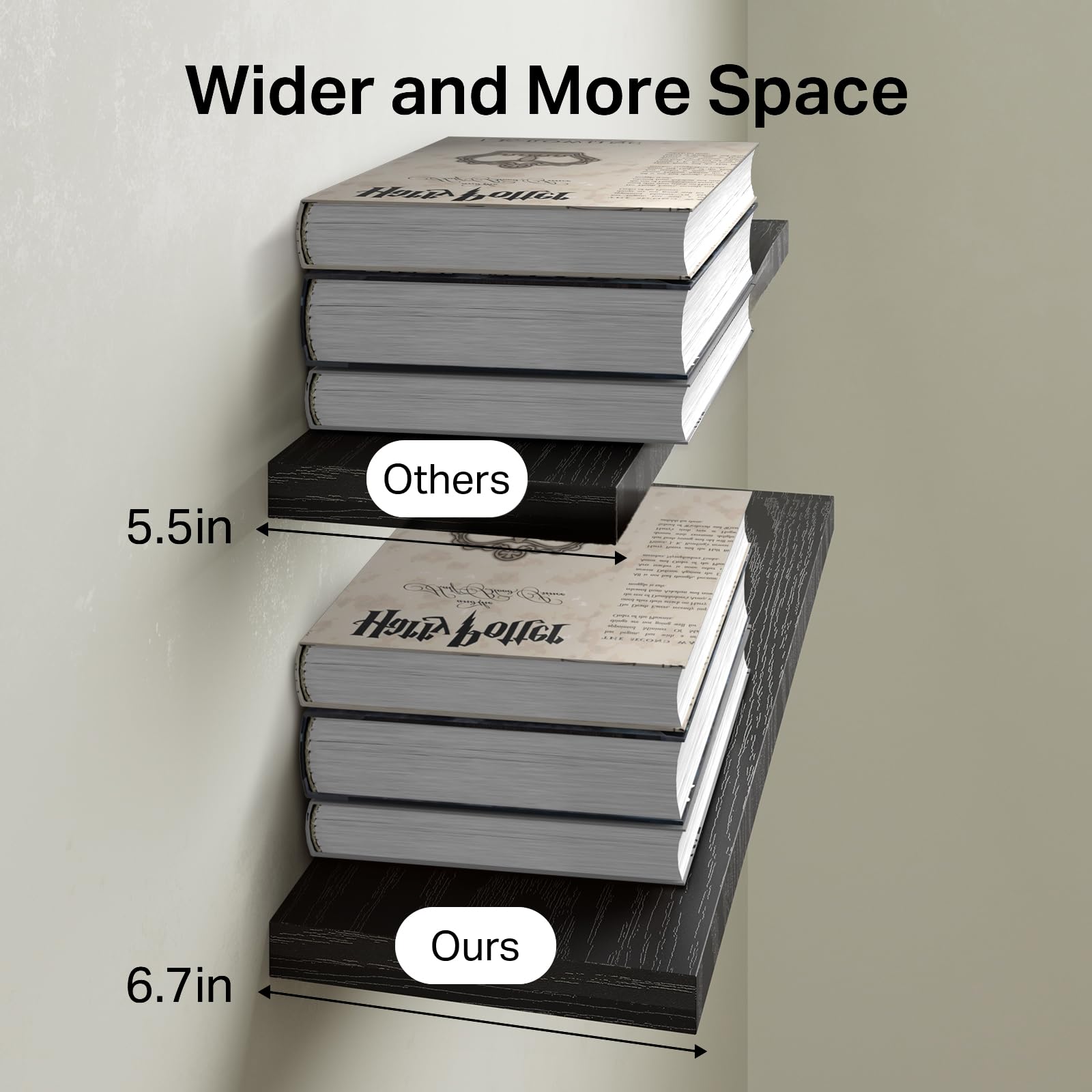 BAYKA shelf with books and frames demonstrating 22.5-inch usable surface benefit