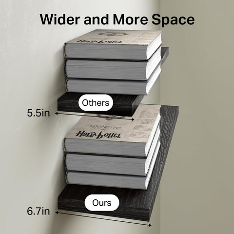 BAYKA shelf with books and frames demonstrating 22.5-inch usable surface benefit