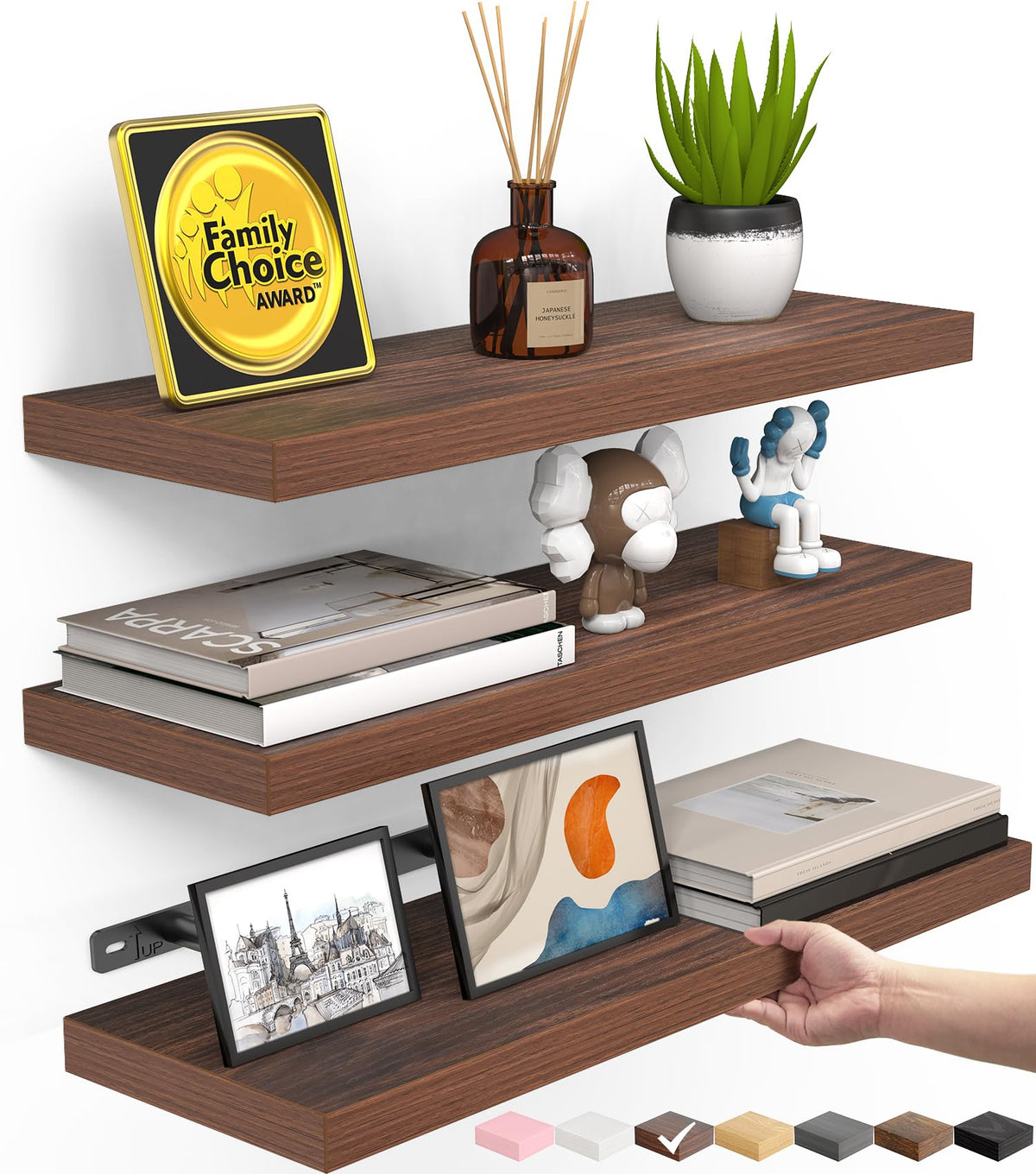 BAYKA front view showing three walnut-like floating shelves and clean lines benefit display