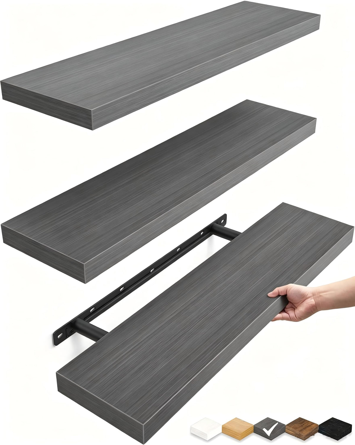 BAYKA front view of three rustic grey floating shelves showing clean lines and benefit of space-saving display