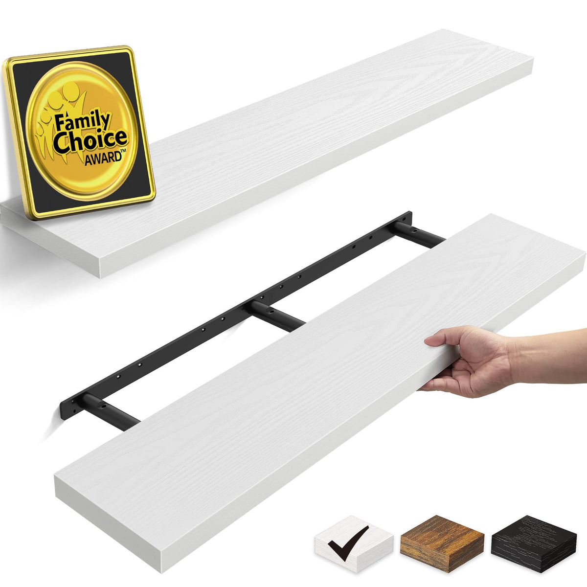BAYKA front view of both white floating shelves showing clean modern lines and storage benefit