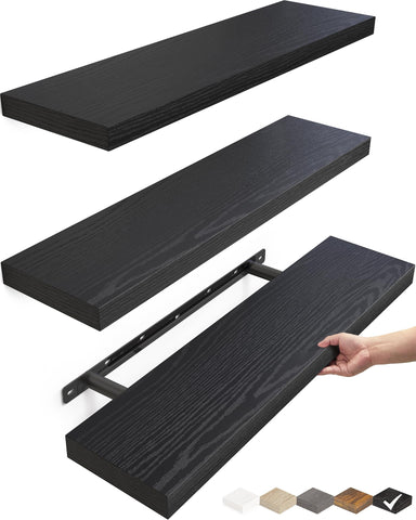 BAYKA front view of three black floating shelves showing clean profile and style benefit