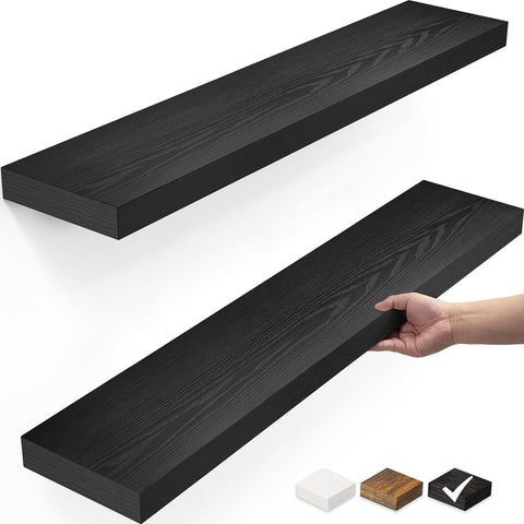 BAYKA front view of two black floating shelves showing clean silhouette and space-saving benefit