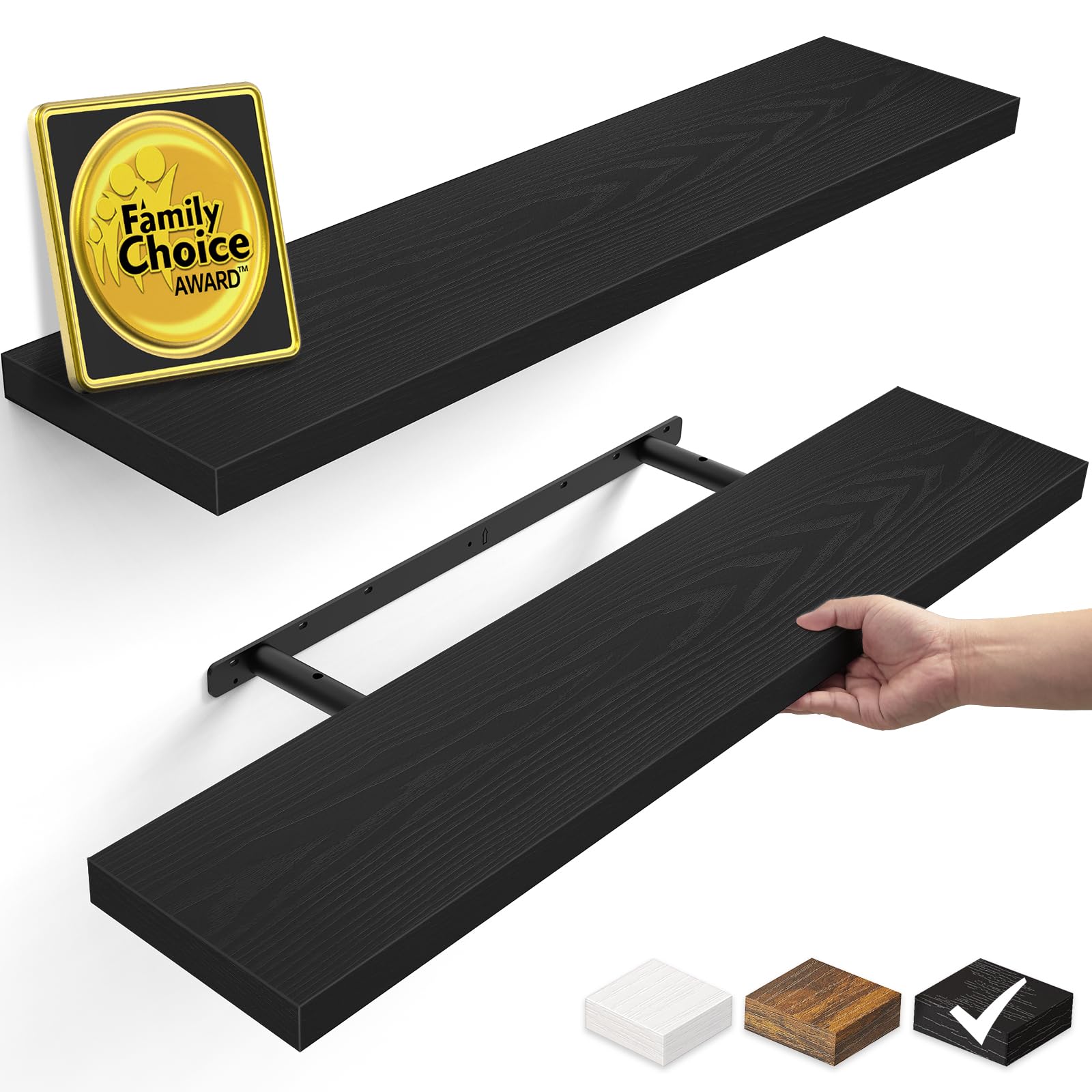 BAYKA front view of black floating shelves shows clean lines and space-saving benefit