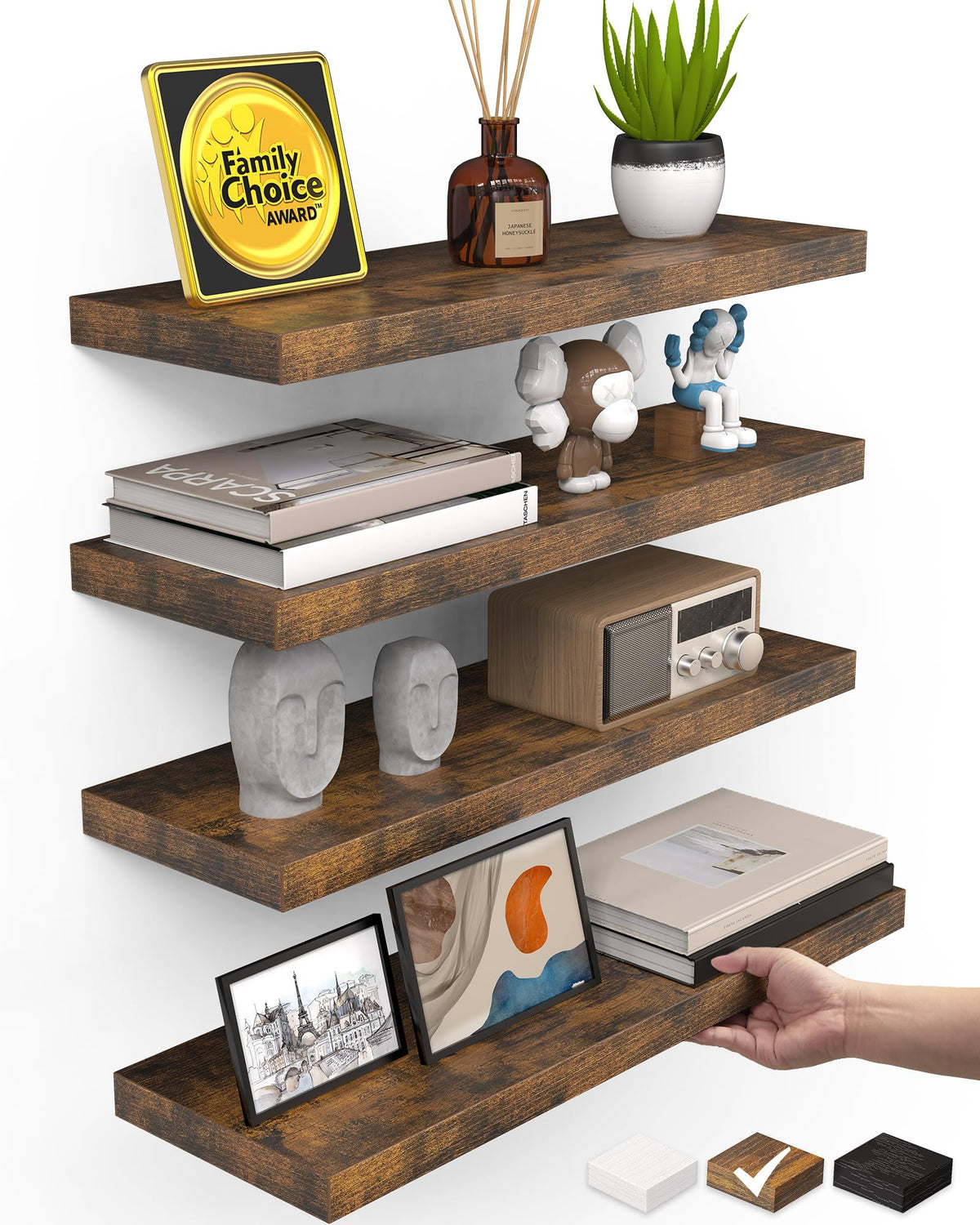 BAYKA front view of four rustic brown floating shelves showing neat styling benefit