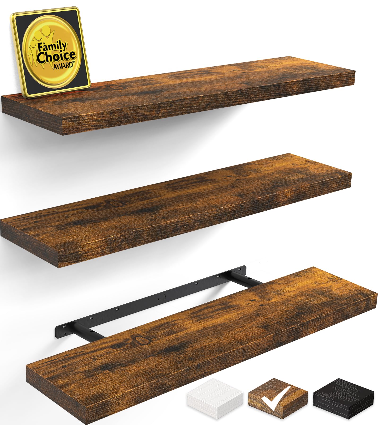 BAYKA front view of three rustic shelves showing warm finish and storage benefit