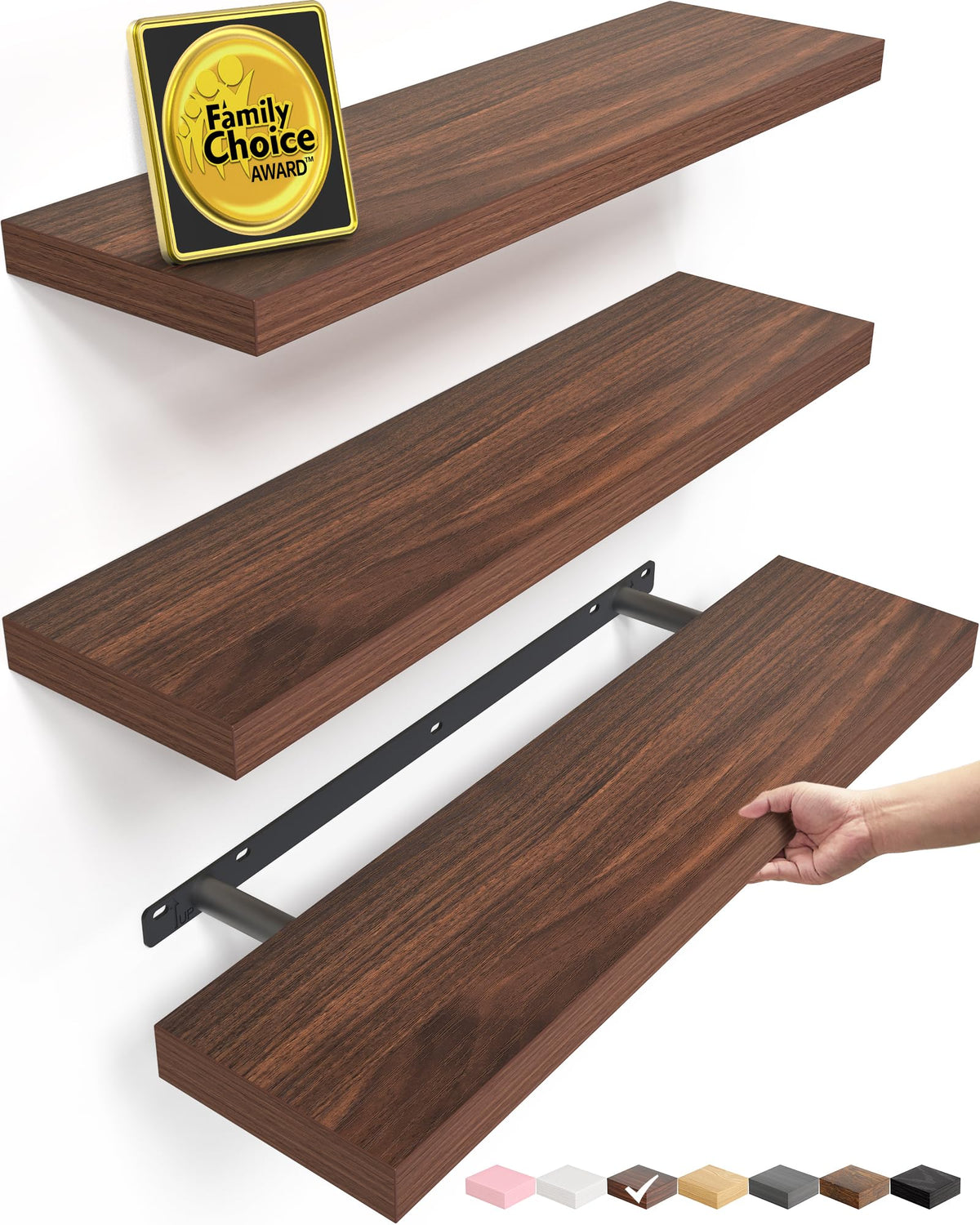 BAYKA front view of walnut-like shelves showing clean modern styling and storage benefit