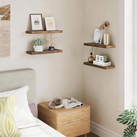 BAYKA shelves installed above TV showing tidy media display benefit