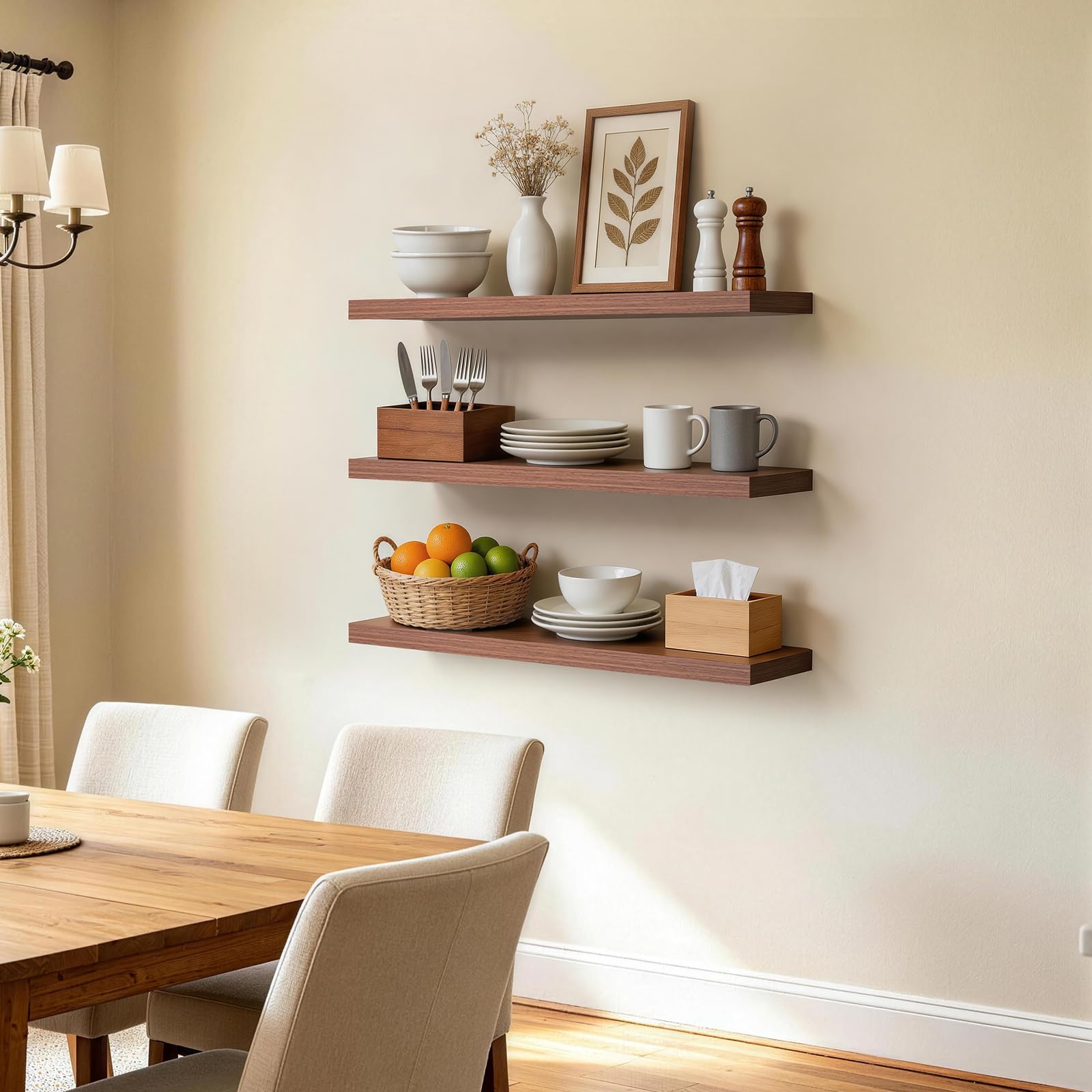 BAYKA shelves mounted in living room displaying decor for stylish space-saving benefit