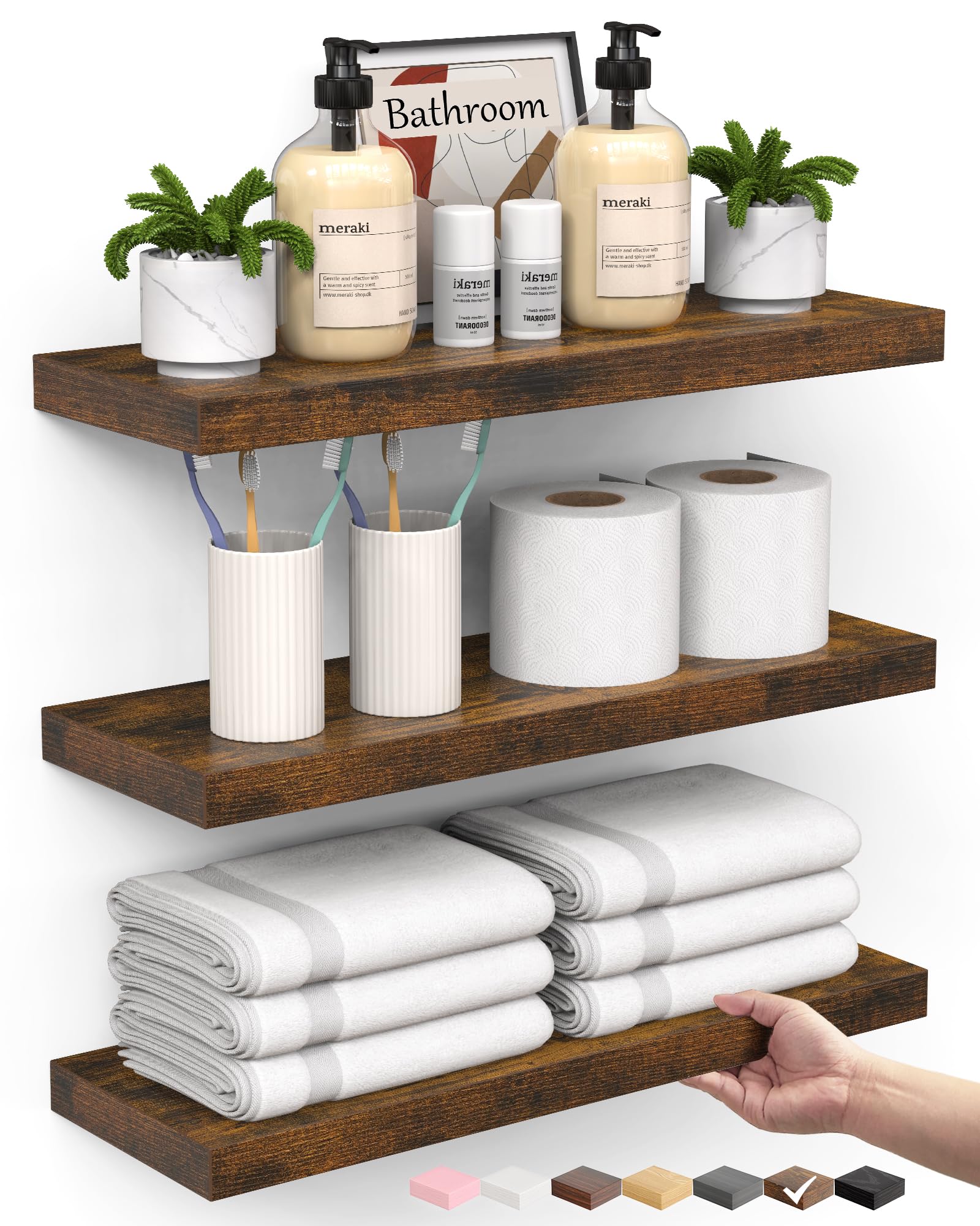 BAYKA front view of three rustic brown floating shelves showing warm finish and clean lines