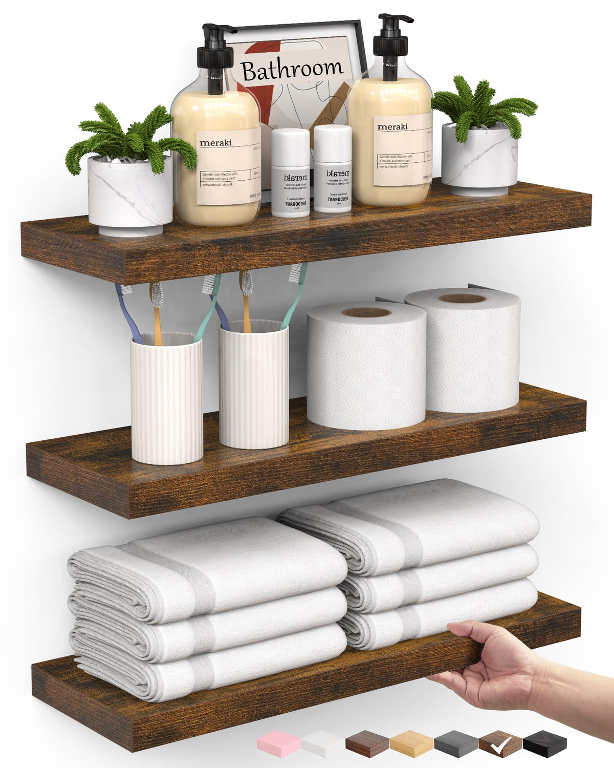BAYKA front view of three rustic brown floating shelves showing warm finish and clean lines