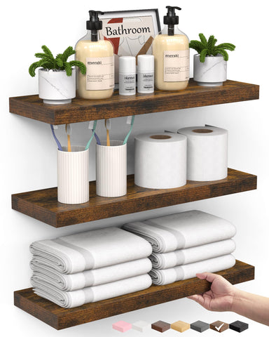 BAYKA front view of three rustic brown floating shelves showing warm finish and clean lines