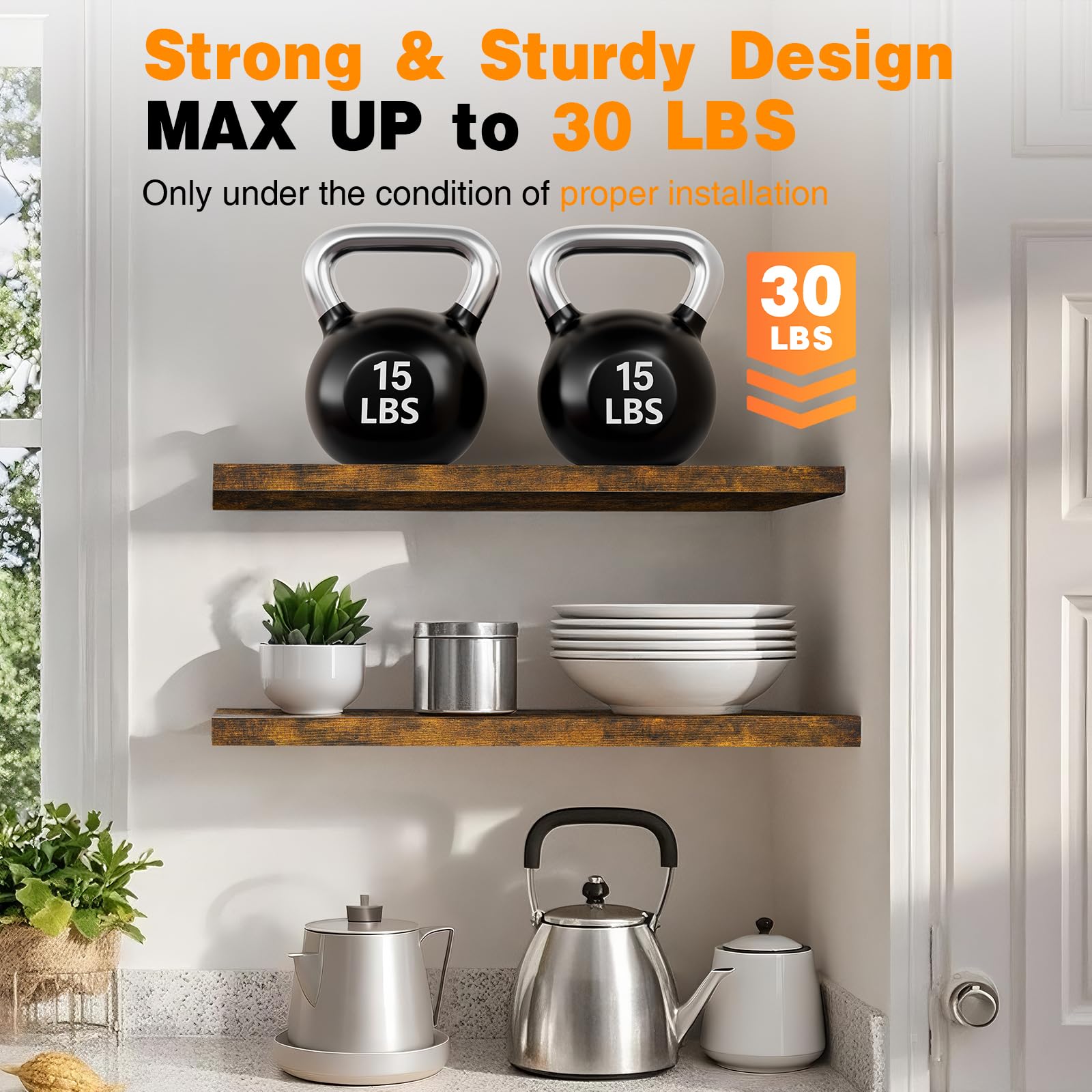 BAYKA shelf styled in a kitchen holding jars and bowls to maximize counter storage
