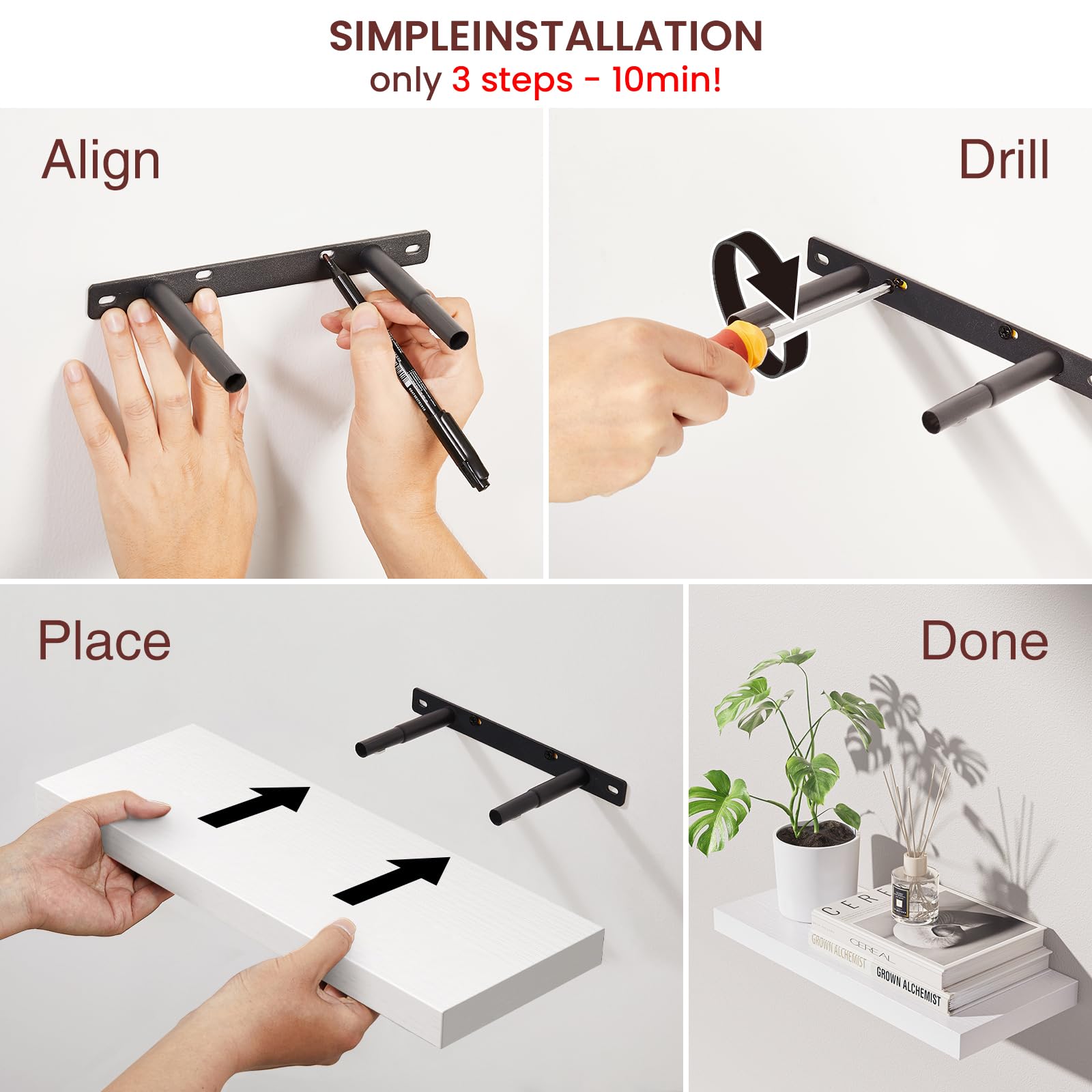 BAYKA shelf holding plants and frames showing decorative display capability benefit