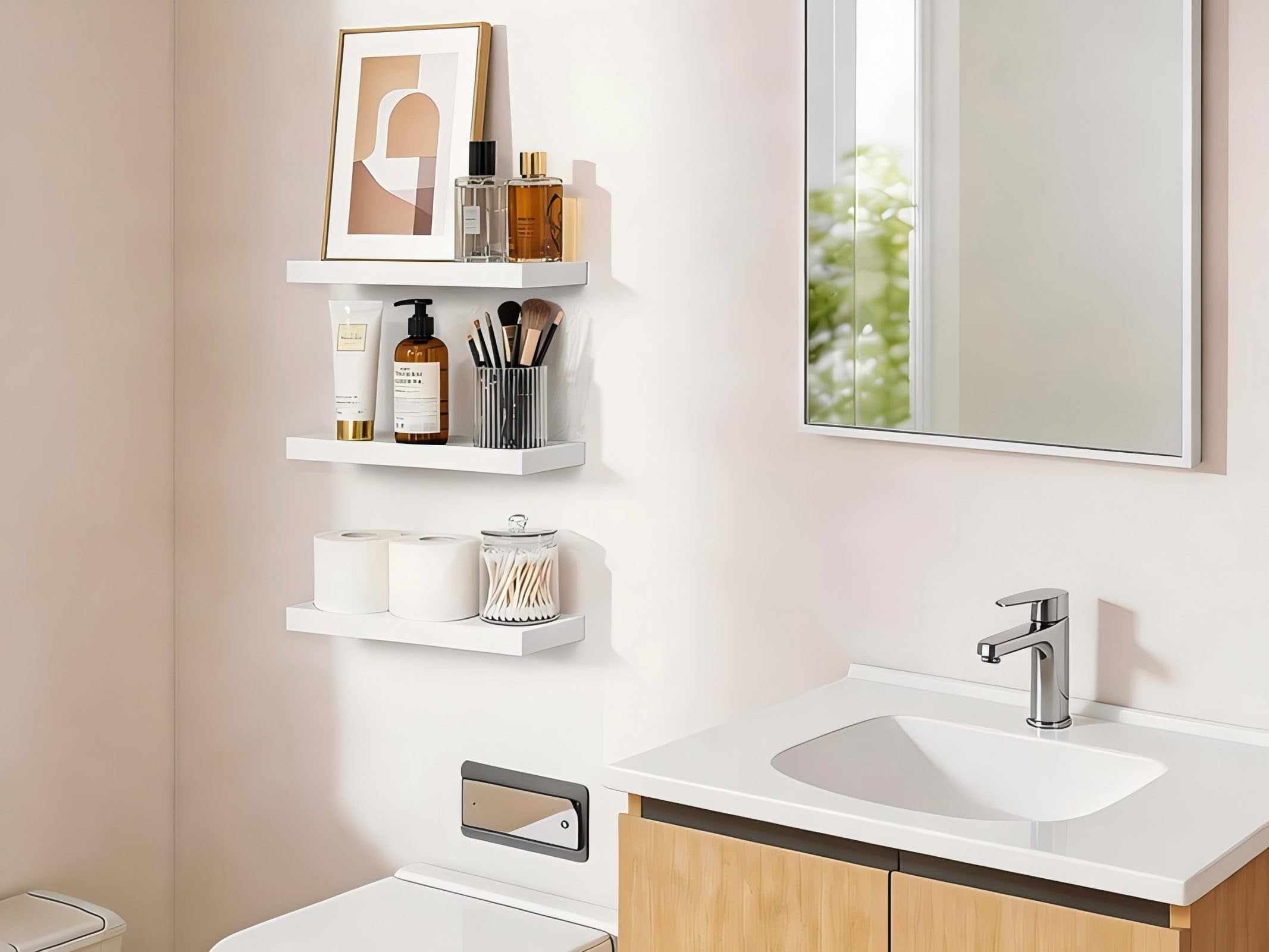 BAYKA shelf installation with level tool demonstrating easy, accurate mounting benefit
