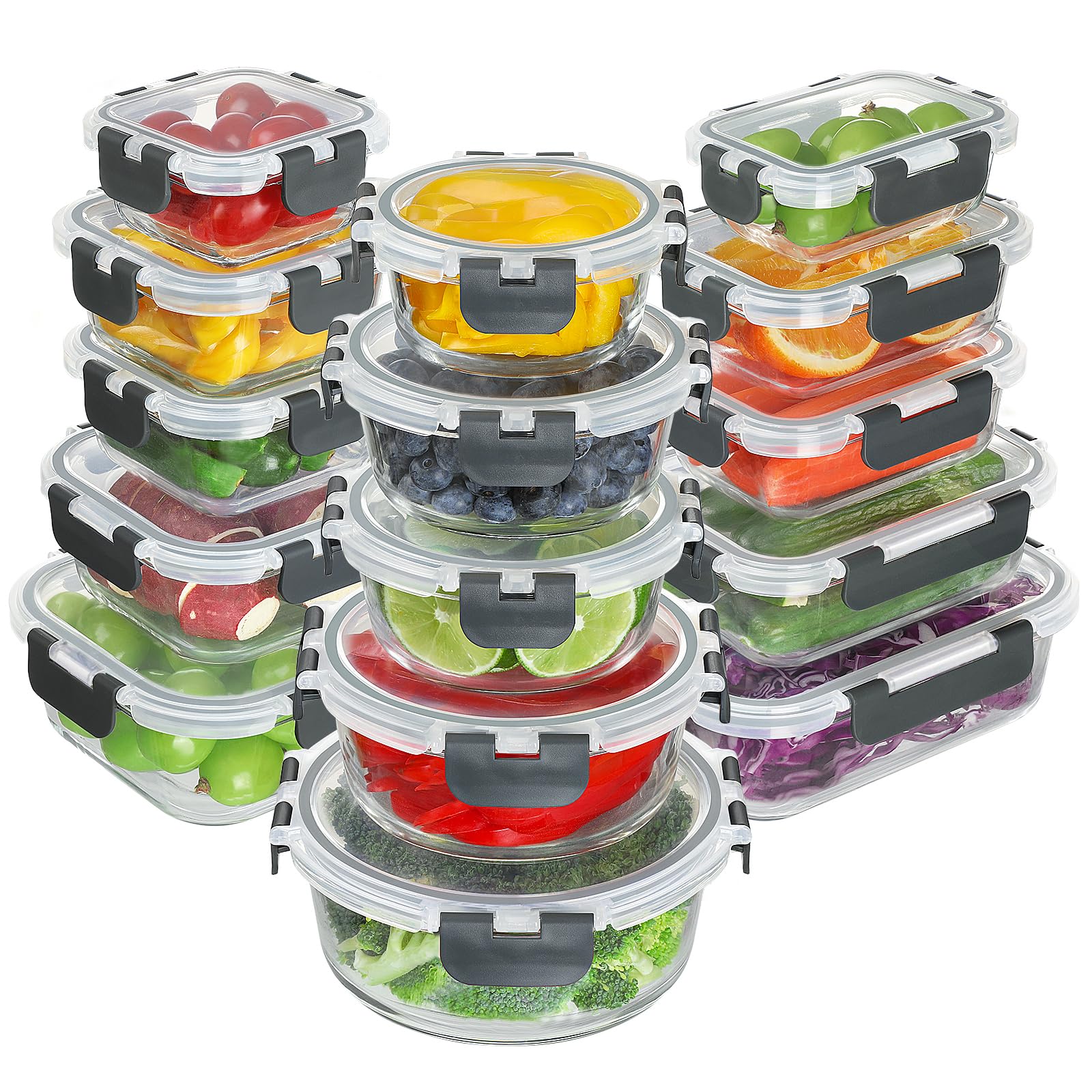 BAYZZ front view of full 30-piece set showing containers and lids, convenient storage