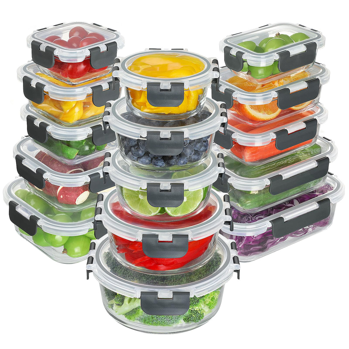 BAYZZ front view of full 30-piece set showing containers and lids, convenient storage