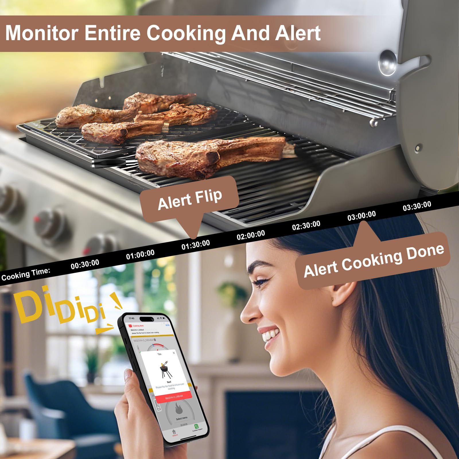 BBQOVN app temperature screen showing live probe readings and alerts
