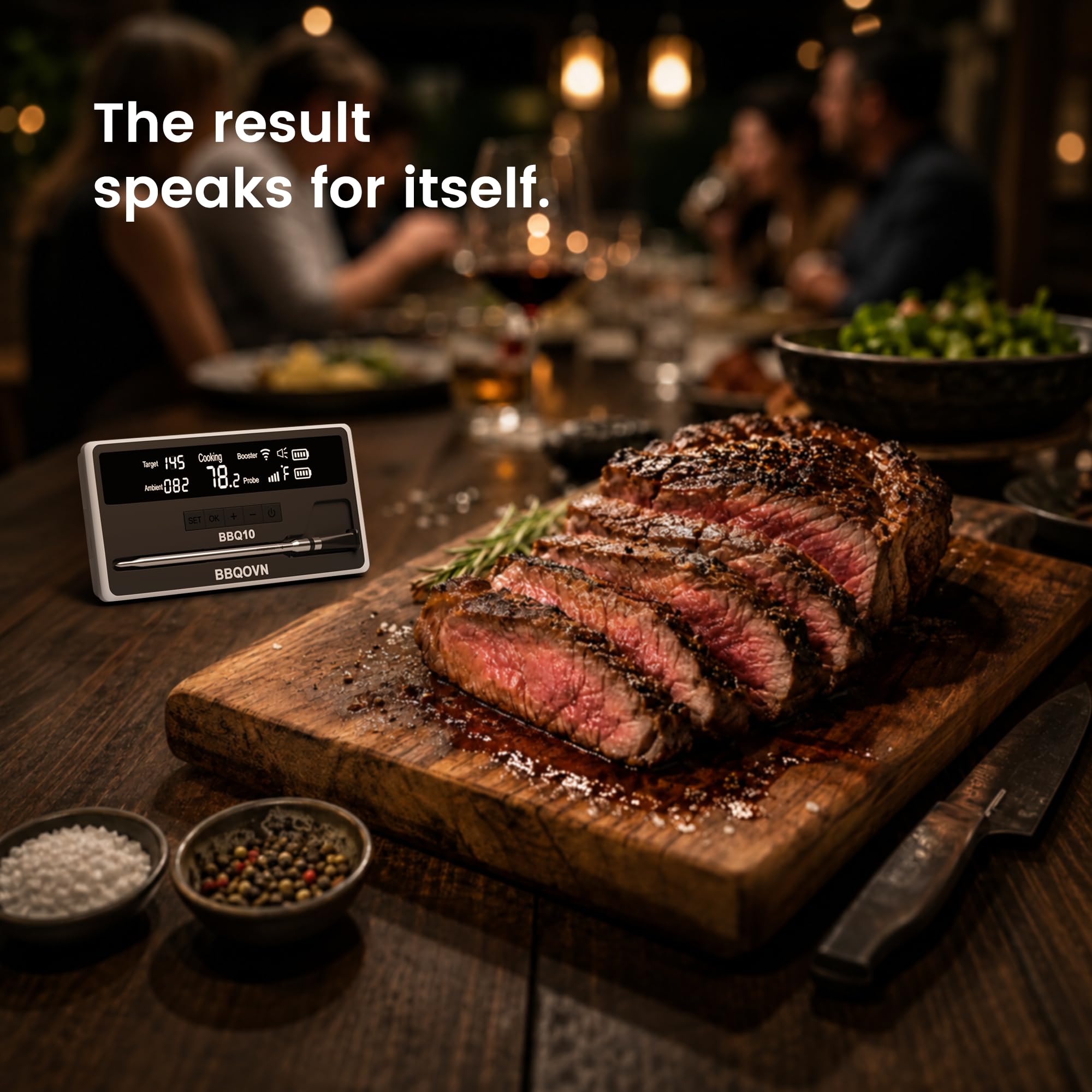 BBQOVN probe inserted in brisket inside smoker for accurate core readings
