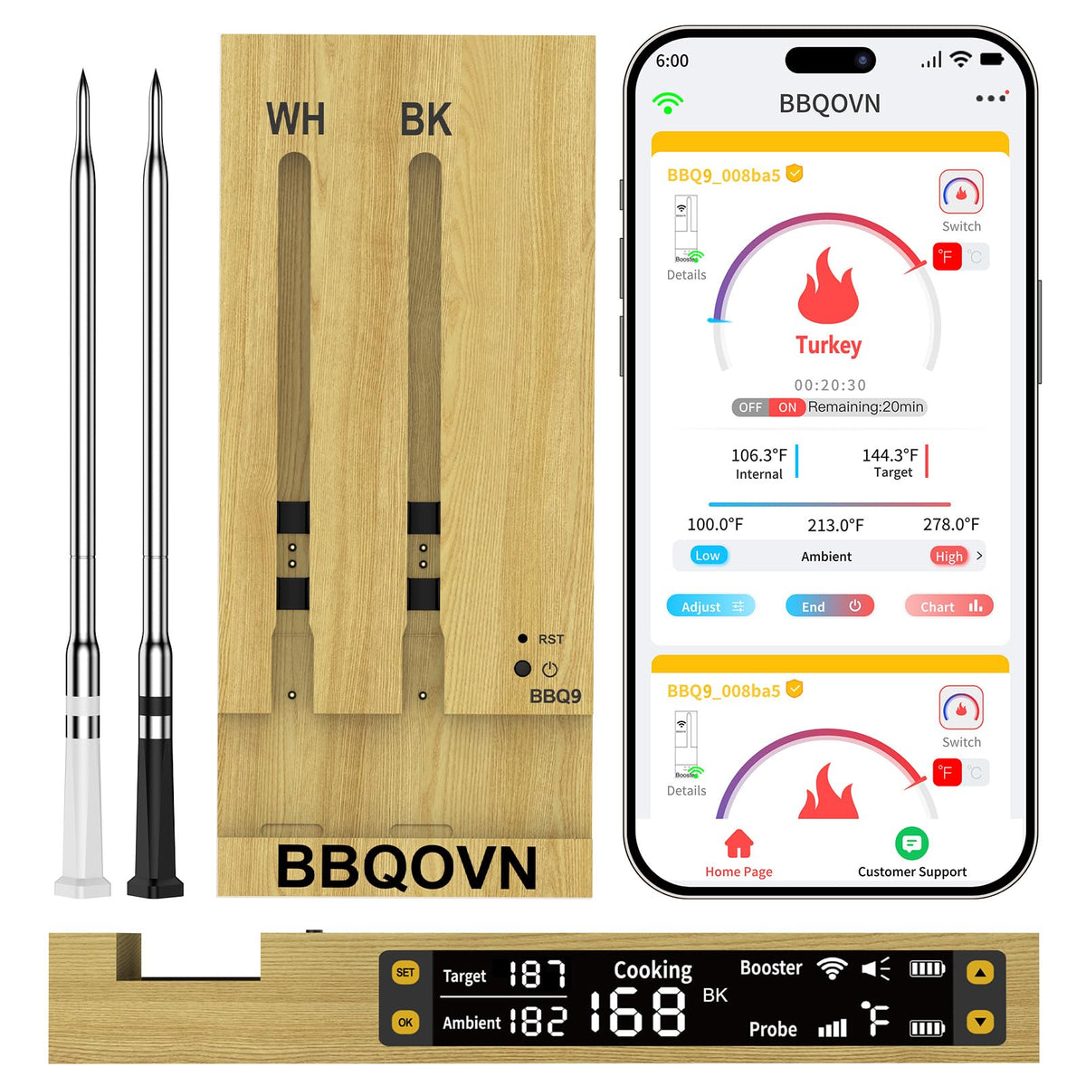 BBQOVN thermometer front view showing probes and controls for reliable grilling