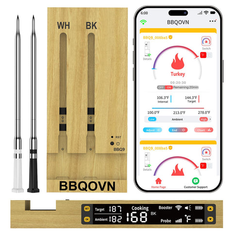BBQOVN thermometer front view showing probes and controls for reliable grilling