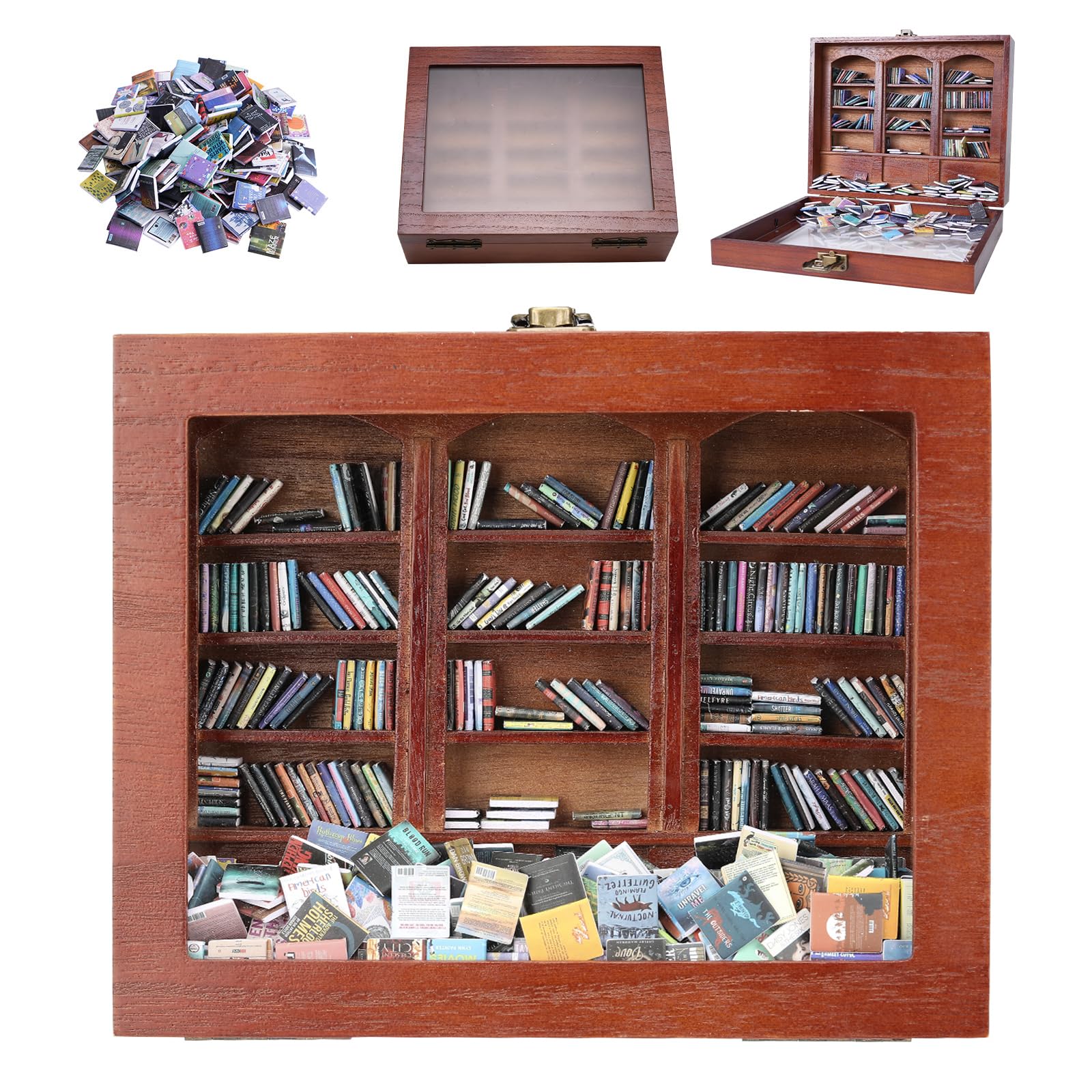 BBVCX front view of miniature bookshelf showing 340 tiny book spines and compact wooden frame benefit: decorative focal point