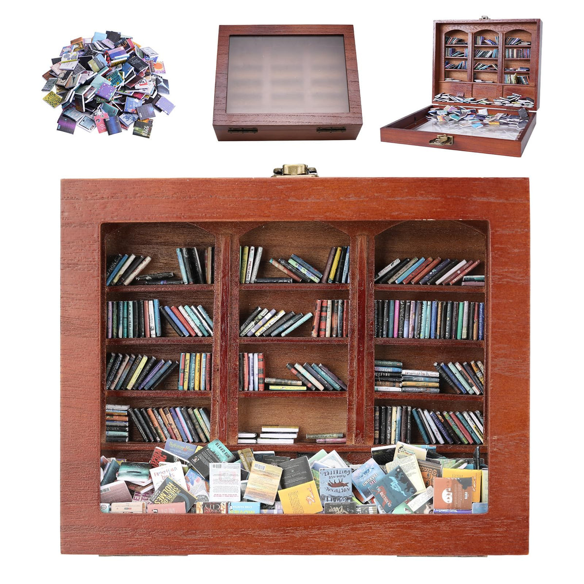 BBVCX front view of miniature bookshelf showing 340 tiny book spines and compact wooden frame benefit: decorative focal point