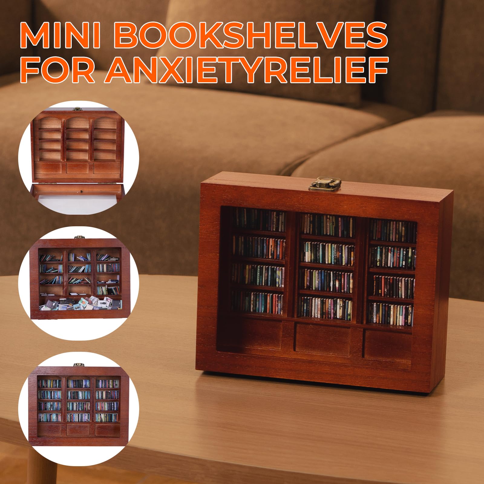 BBVCX bookshelf in use with hand gently knocking over books showing tactile action benefit: quick stress-relief ritual