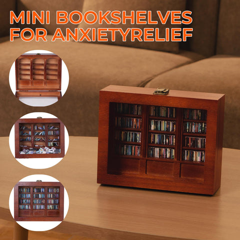 BBVCX bookshelf in use with hand gently knocking over books showing tactile action benefit: quick stress-relief ritual
