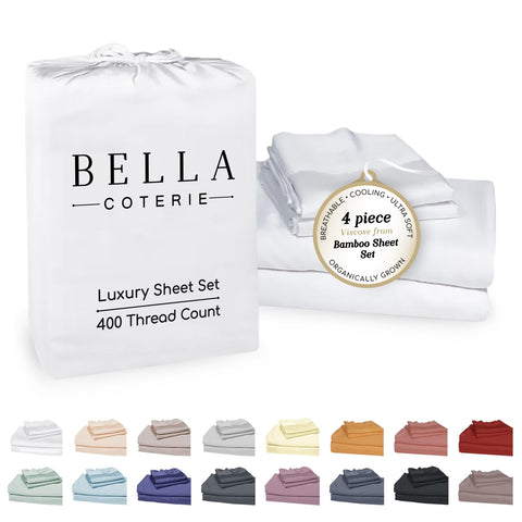 BC BELLA COTERIE front view of queen sheet set showing elegant packaging and product benefit