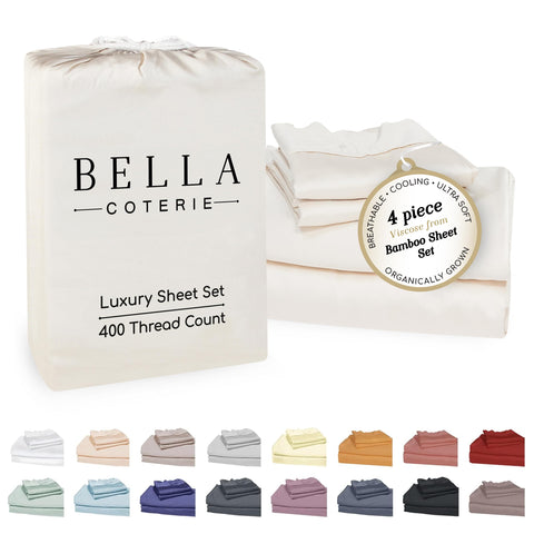 BC BELLA COTERIE front view of queen sheet set packaging showing contents and color