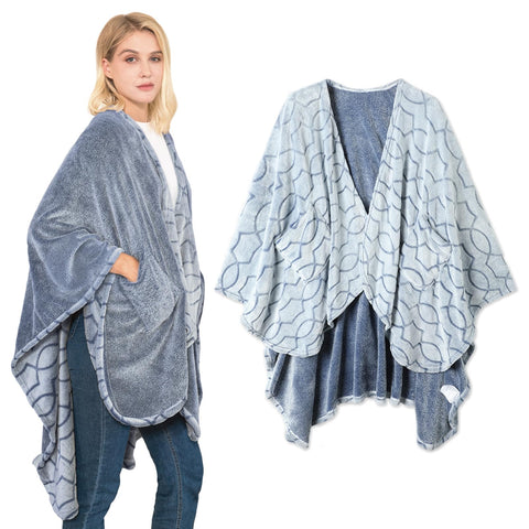 Bcareself front view haze blue shawl showing clean drape and cozy warmth