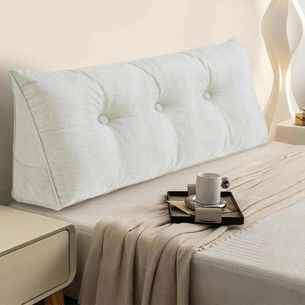 Bcareself front-facing twin headboard pillow showing clean ivory linen and support benefits