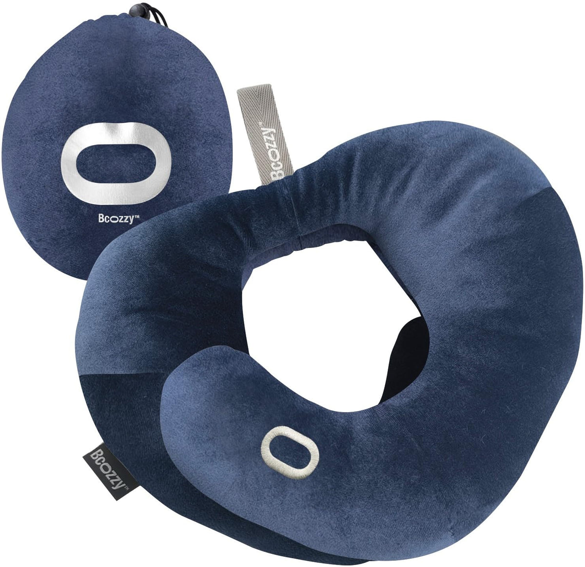 BCOZZY flat back front view showing navy pillow and even head support