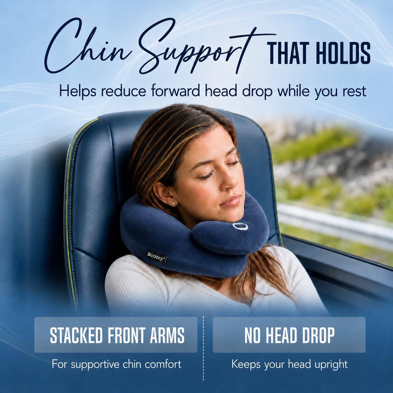 BCOZZY in use on an airplane seat stabilizing head and neck during nap