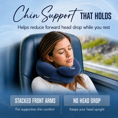 BCOZZY in use on an airplane seat stabilizing head and neck during nap