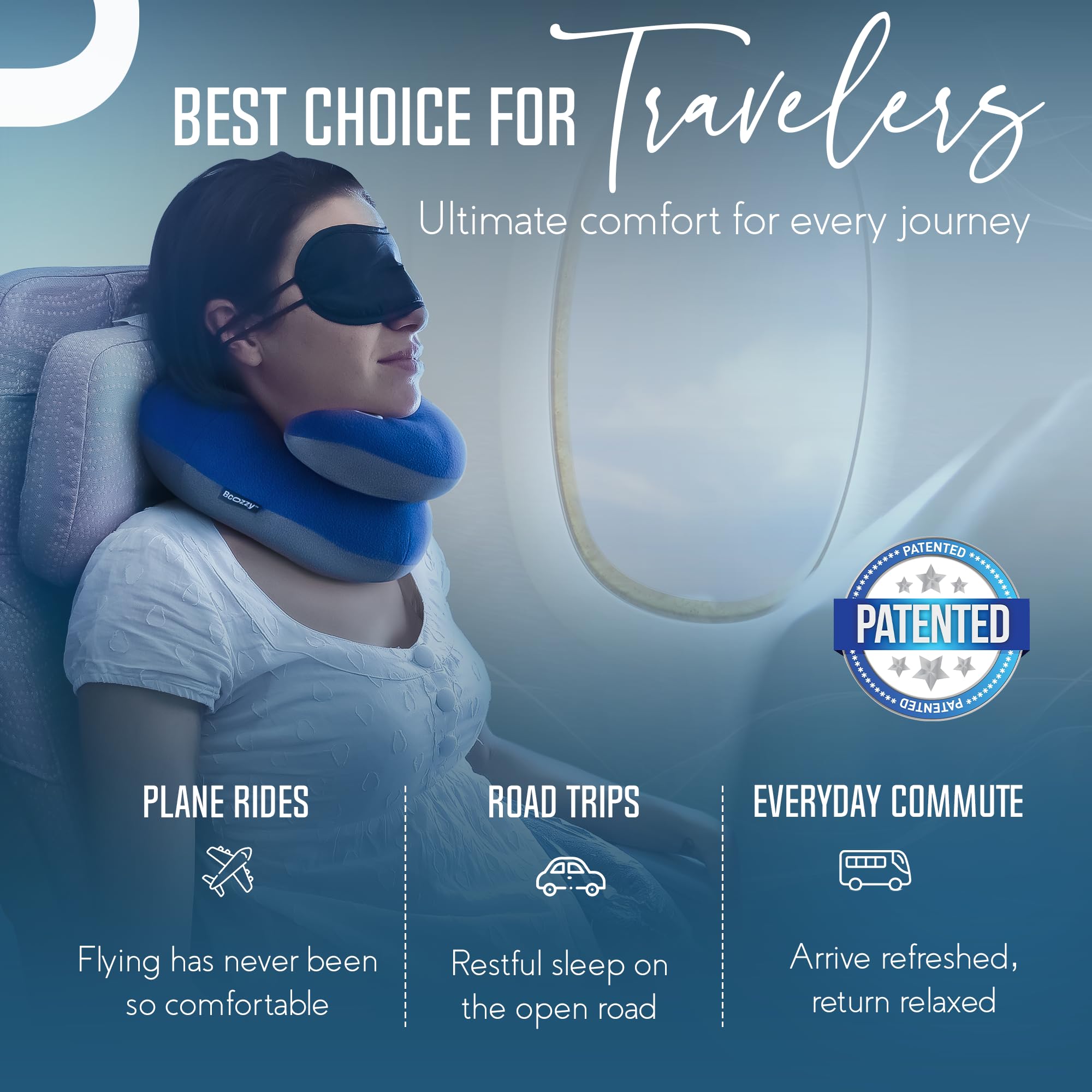 BCOZZY pillow on airplane seat demonstrating travel-ready stability