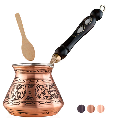 BCS cezve front view showing engraved copper and elegant shape for authentic brewing