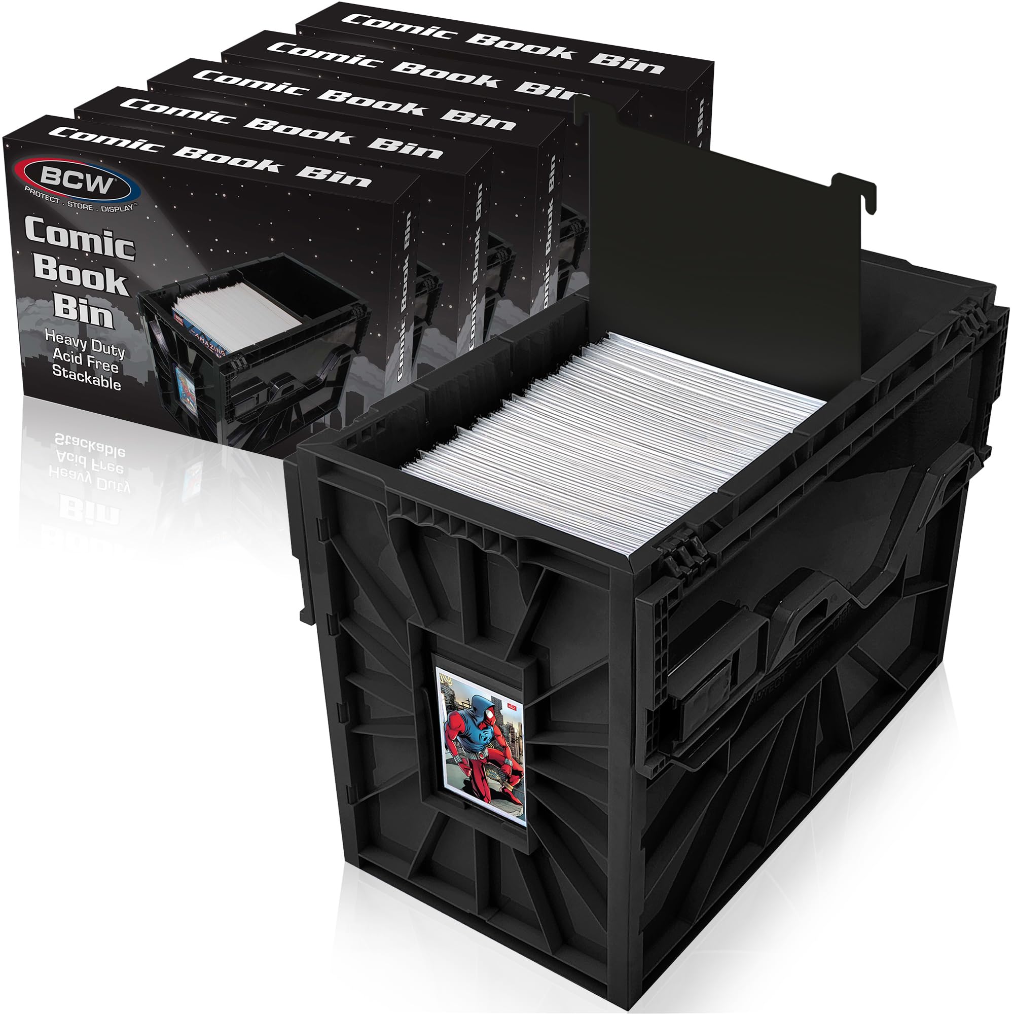 BCW short comic bin front view showing compact storage and tidy shelves