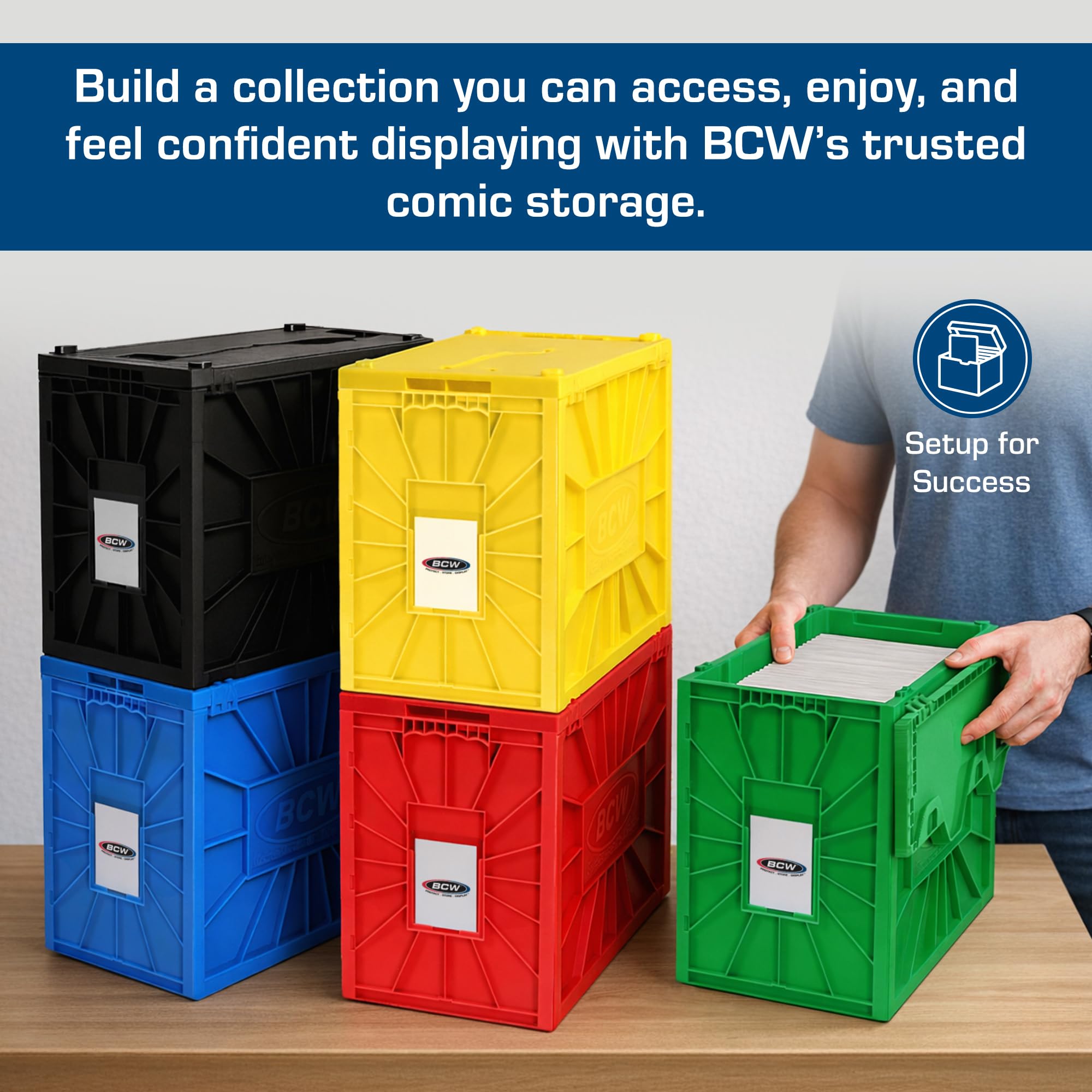 BCW short comic bins stacked on shelf maximizing vertical storage space