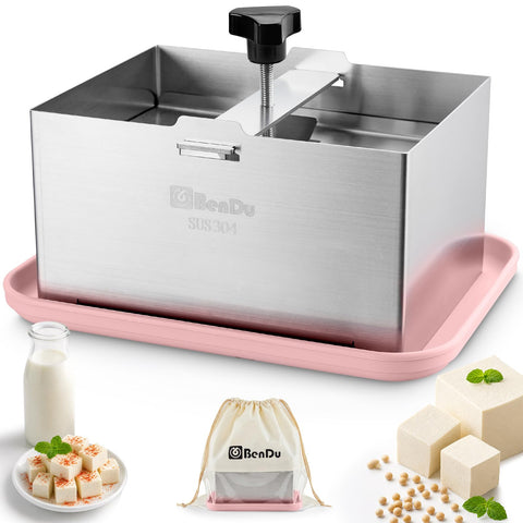 bd.Ai front view of stainless steel tofu press showing pink accents and complete kit for durable pressing