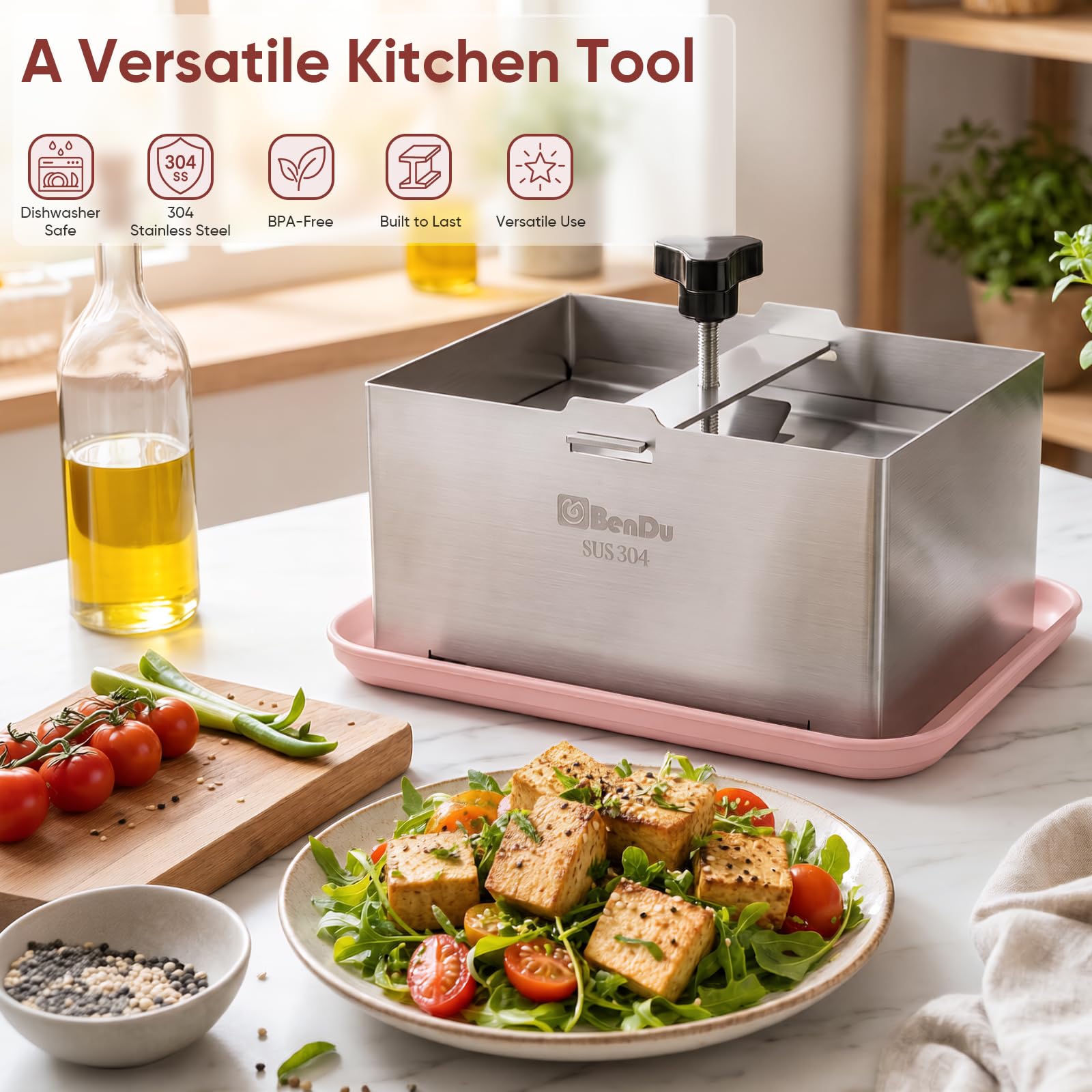 bd.Ai tofu press held by hand showing compact size and user-friendly wide-mouth loading benefit