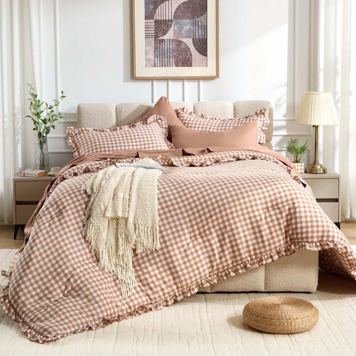 BDEUS front view of gingham comforter set showcasing coordinated styling