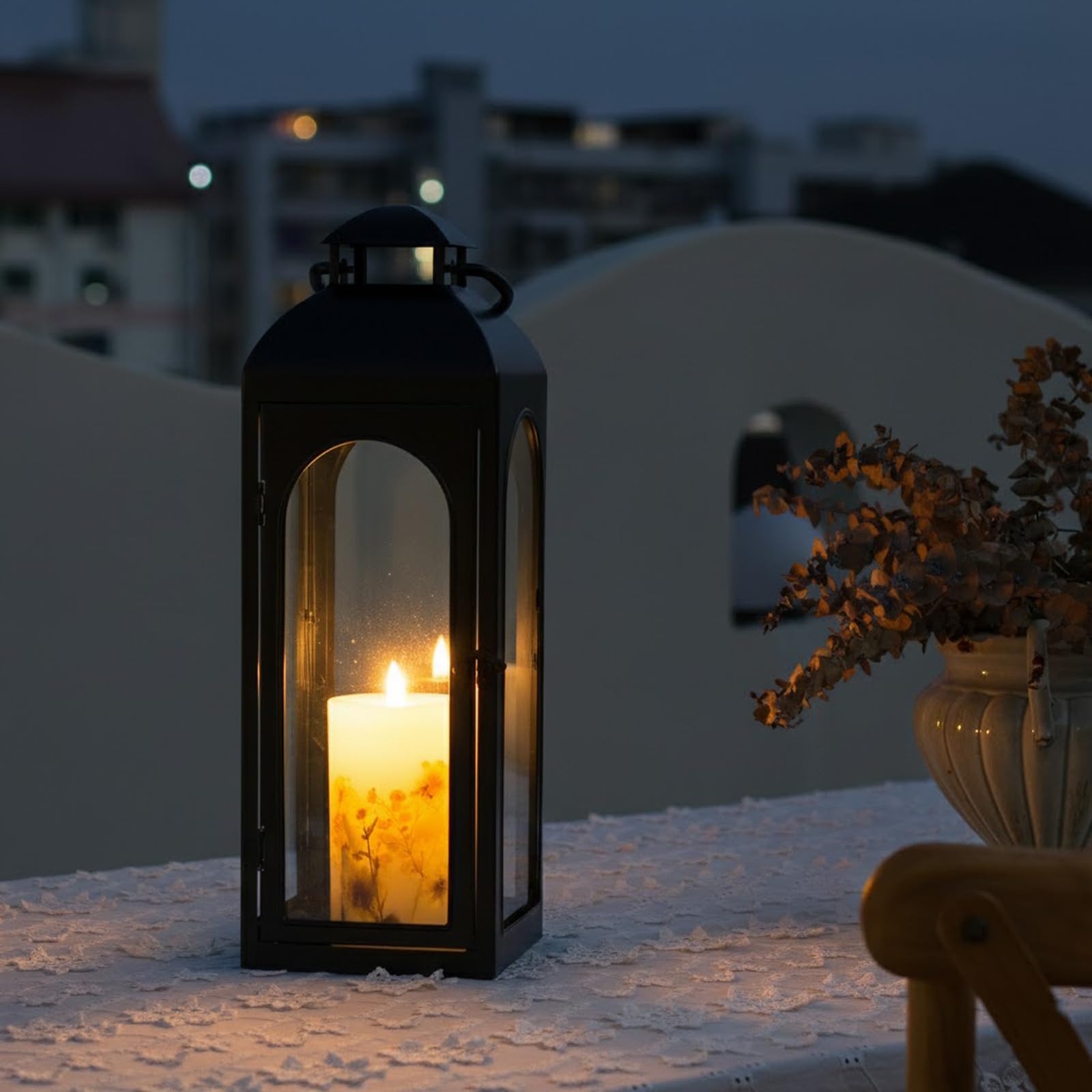Bdor lantern front door open with candle for quick access and styling