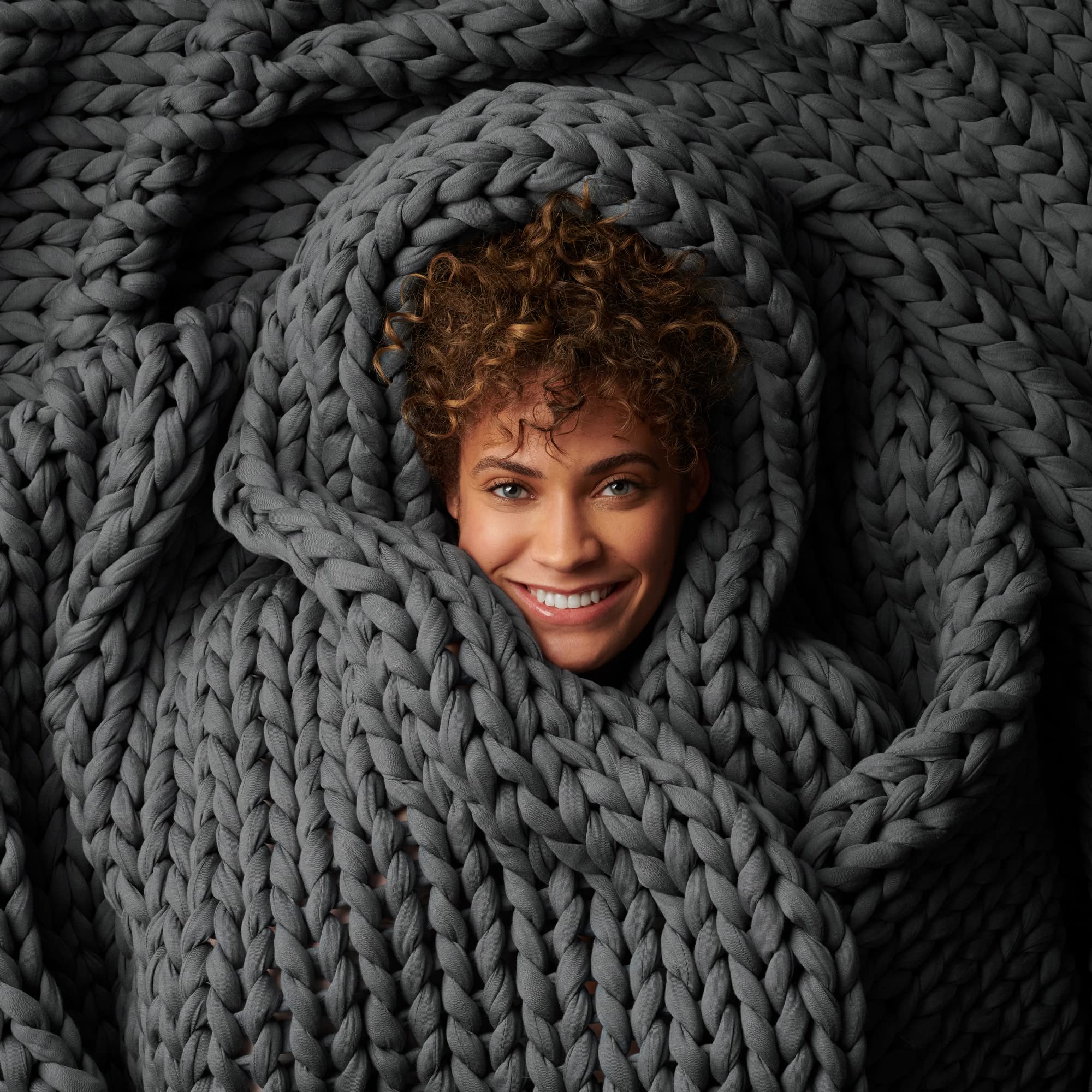 Bearaby Napper front view showing Asteroid Grey color and cozy appeal
