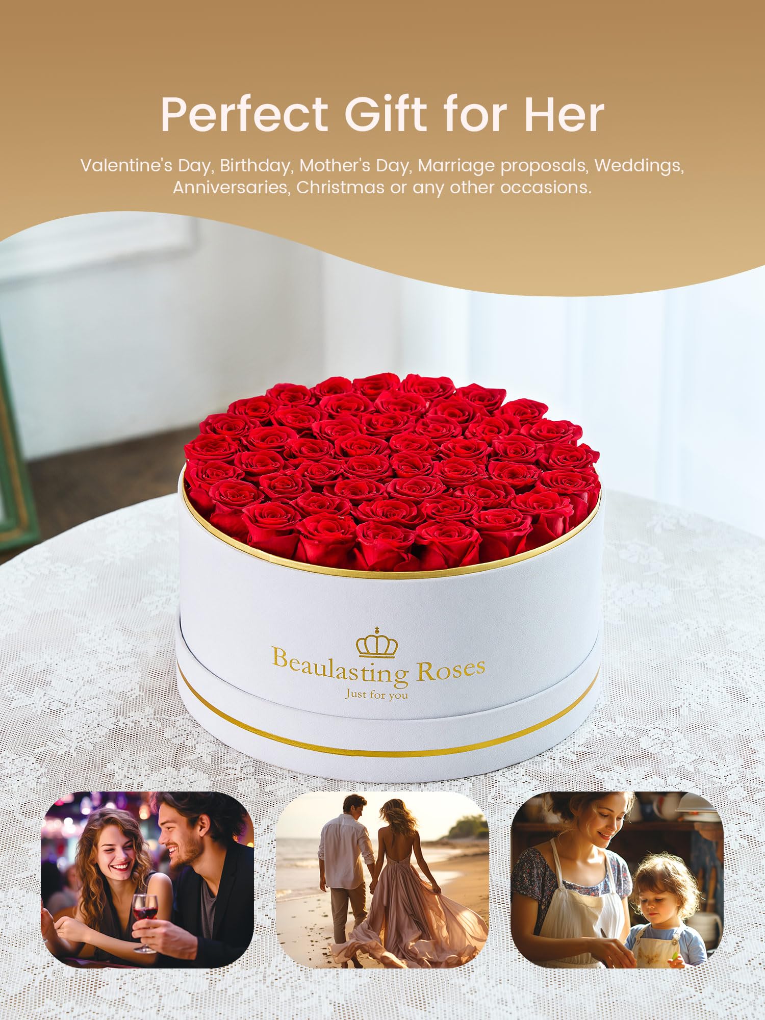 Beaulasting Roses box next to a hand for scale to demonstrate compact, gift-ready size