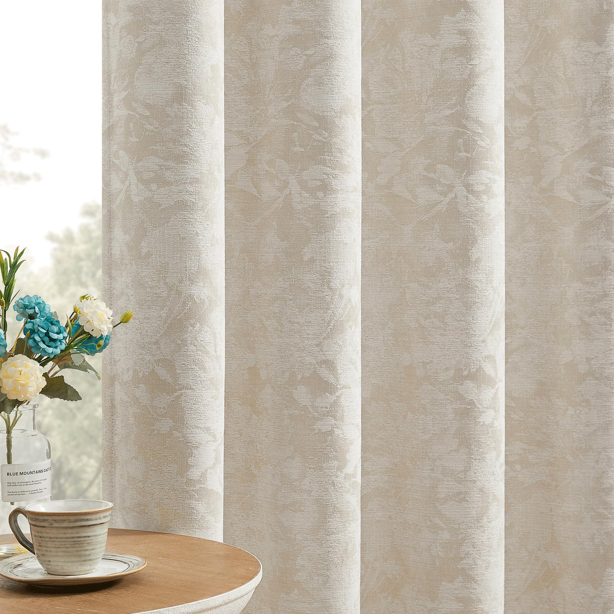 Beauoop front view of two beige floral jacquard panels showing elegant design and coverage