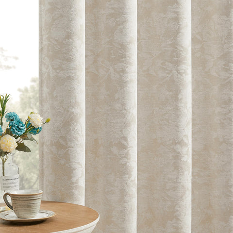 Beauoop front view of two beige floral jacquard panels showing elegant design and coverage